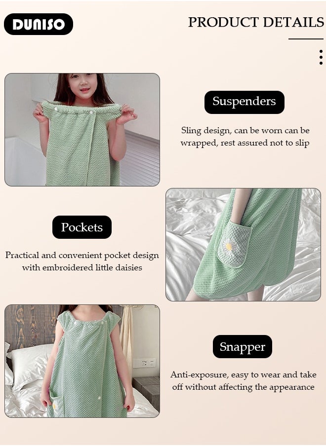 DUNISO Bath Robe for Kids, Off Shoulder Wearable Girl Bath Towel, Light Green Coral Velvet Bathrobe Towel with Side Pocket and Snap Buttons, Quick Dry Lightweight Highly Water Absorbent Beach Towel  - Image 3