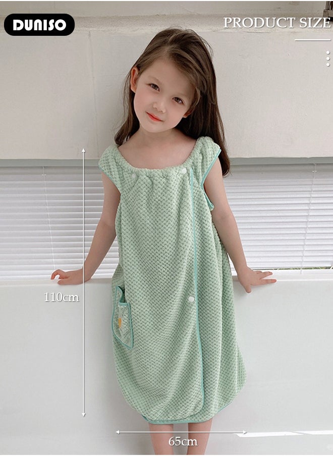 DUNISO Bath Robe for Kids, Off Shoulder Wearable Girl Bath Towel, Light Green Coral Velvet Bathrobe Towel with Side Pocket and Snap Buttons, Quick Dry Lightweight Highly Water Absorbent Beach Towel  - Image 4