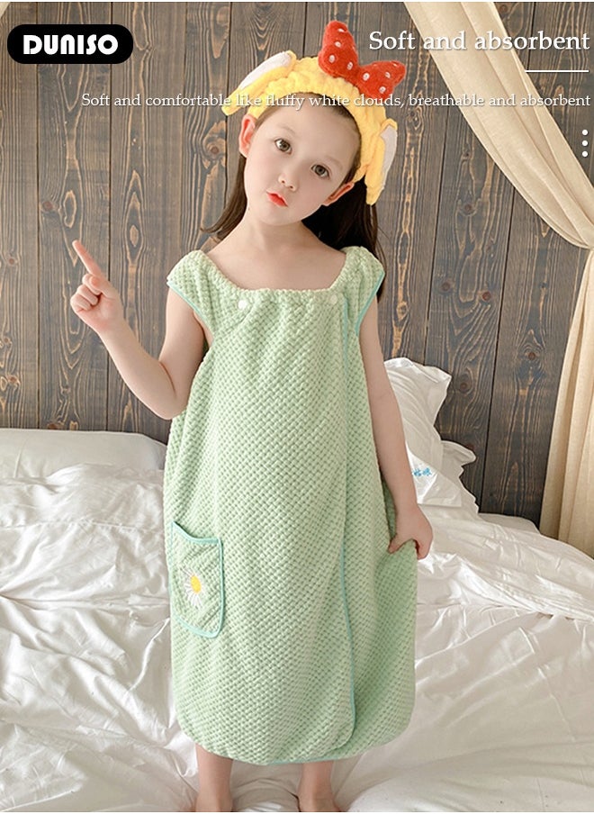 DUNISO Bath Robe for Kids, Off Shoulder Wearable Girl Bath Towel, Light Green Coral Velvet Bathrobe Towel with Side Pocket and Snap Buttons, Quick Dry Lightweight Highly Water Absorbent Beach Towel  - Image 2