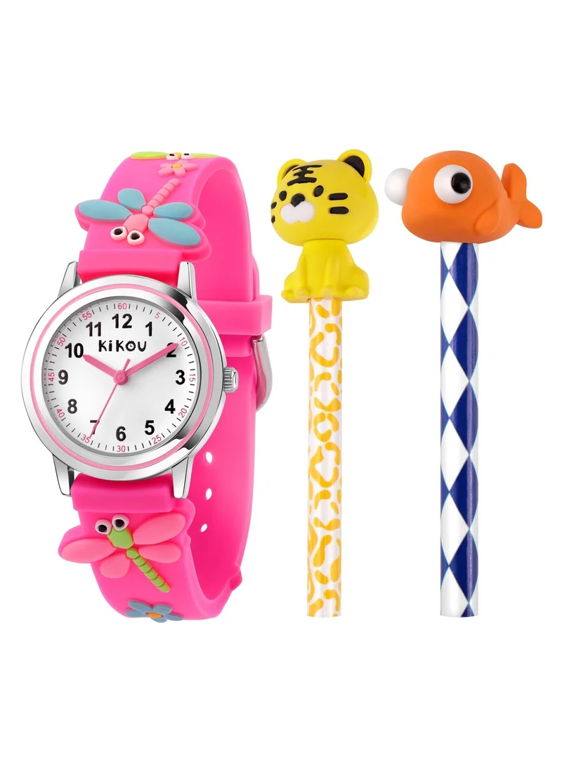 Kikou Hobby Kids Analog Watch for Boys & Girls - White Dial, 28mm Round Case, Pink Plastic Strap, Quartz, 30M Water Resistant - R4551101503