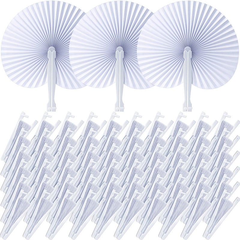 Handepo 200 Pieces Wedding Fans Folding Paper Fans Paper Fans Round Shaped Folding Fans Handheld Fan with Plastic Handle for Wedding Celebration Birthday Party Favor White