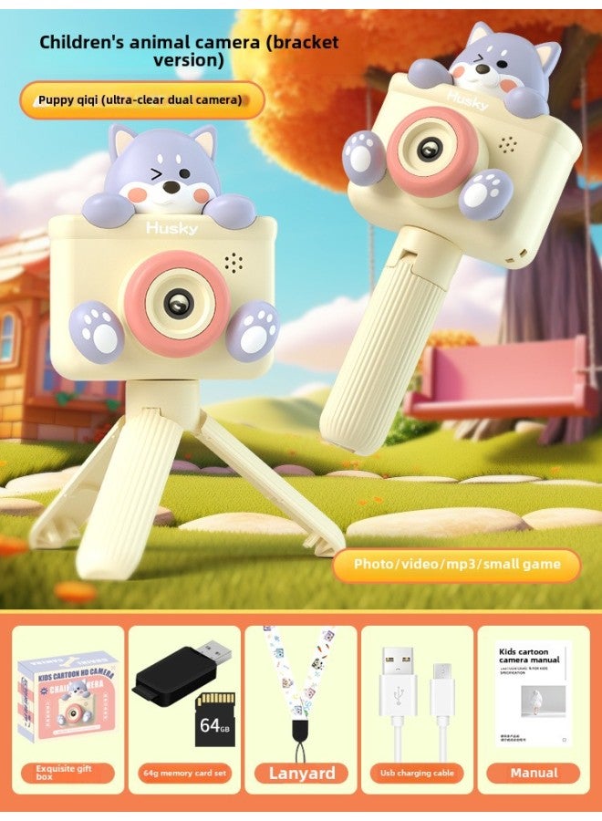 Toys Children's Cartoon Digital Camera Toy Birthday Gift Mini Camera Can Take Photos-Color:Husky Super Clear Dual Camera + Triangle Bracket +64G + Card Reader - Image 1