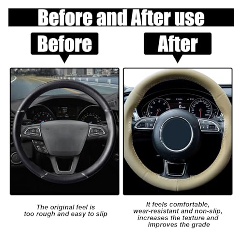 GLSOWEE Car Genuine Leather Steering Wheel Cover, DIY Sewing with Needle and Thread, Breathable, and Anti-Slip, Universal 15 Inch Car Steering Wheel Stitching Wrap (Beige, Glossy) - Image 4