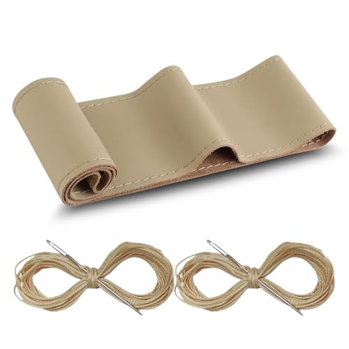 GLSOWEE Car Genuine Leather Steering Wheel Cover, DIY Sewing with Needle and Thread, Breathable, and Anti-Slip, Universal 15 Inch Car Steering Wheel Stitching Wrap (Beige, Glossy) - Image 1