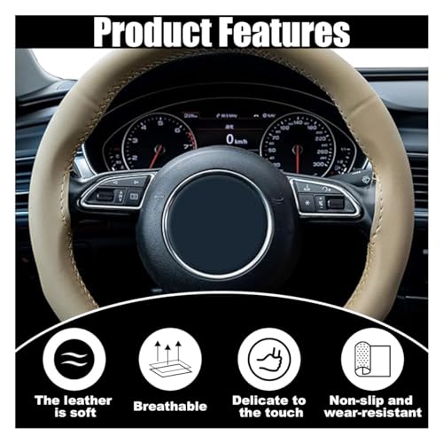 GLSOWEE Car Genuine Leather Steering Wheel Cover, DIY Sewing with Needle and Thread, Breathable, and Anti-Slip, Universal 15 Inch Car Steering Wheel Stitching Wrap (Beige, Glossy) - Image 3