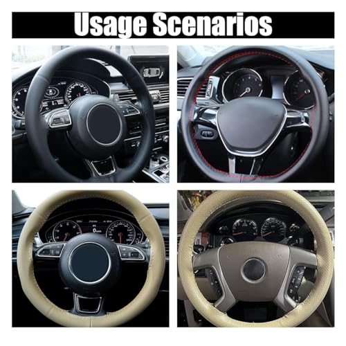 GLSOWEE Car Genuine Leather Steering Wheel Cover, DIY Sewing with Needle and Thread, Breathable, and Anti-Slip, Universal 15 Inch Car Steering Wheel Stitching Wrap (Beige, Glossy) - Image 5