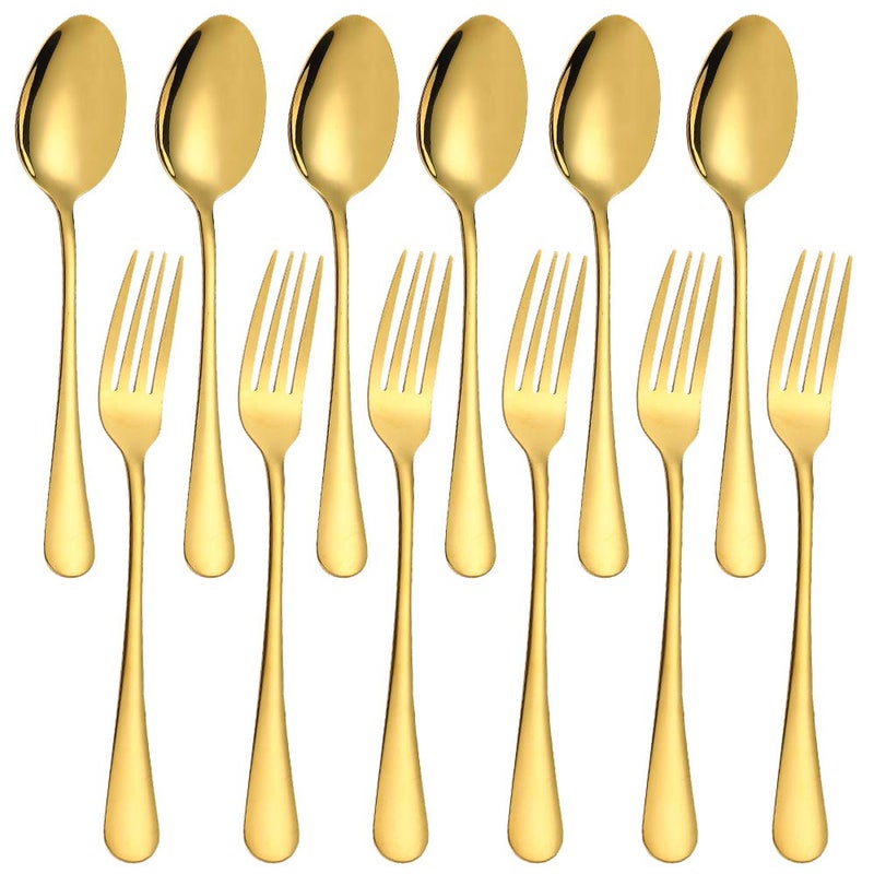 Set of 12 Gold Plated Stainless Steel Dinner Forks and Spoons findTop Heavyduty Forks 8 Inch and Spoons 7 Inch Cutlery Set Gold