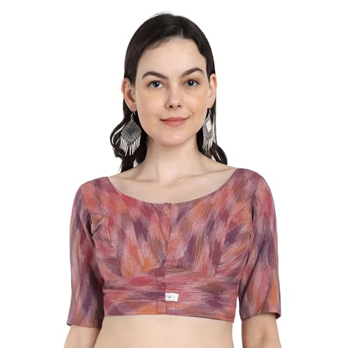 JISB Women's Multi Color Ikkat Cotton Elbow Length Sleeves Saree Blouse (Pink Multi, 46) - Image 1