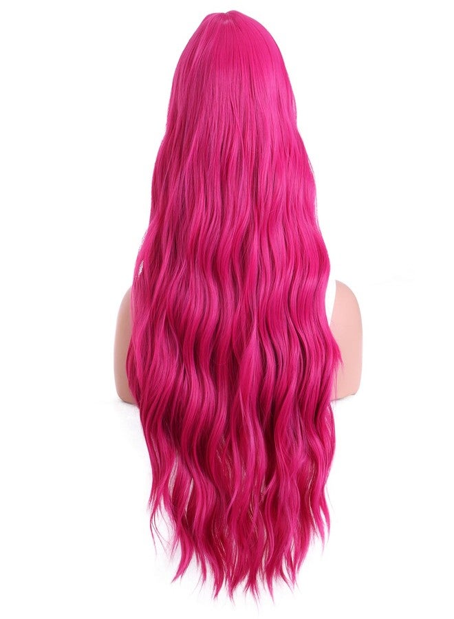 BERON Hot Pink Wigs Long Wavy Wig for Women Curly Heat Resistant Hair Wigs Halloween Cosplay Party with Wig Cap - Image 4