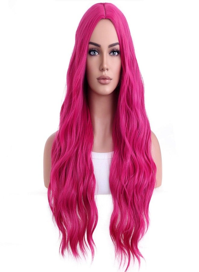 BERON Hot Pink Wigs Long Wavy Wig for Women Curly Heat Resistant Hair Wigs Halloween Cosplay Party with Wig Cap - Image 1