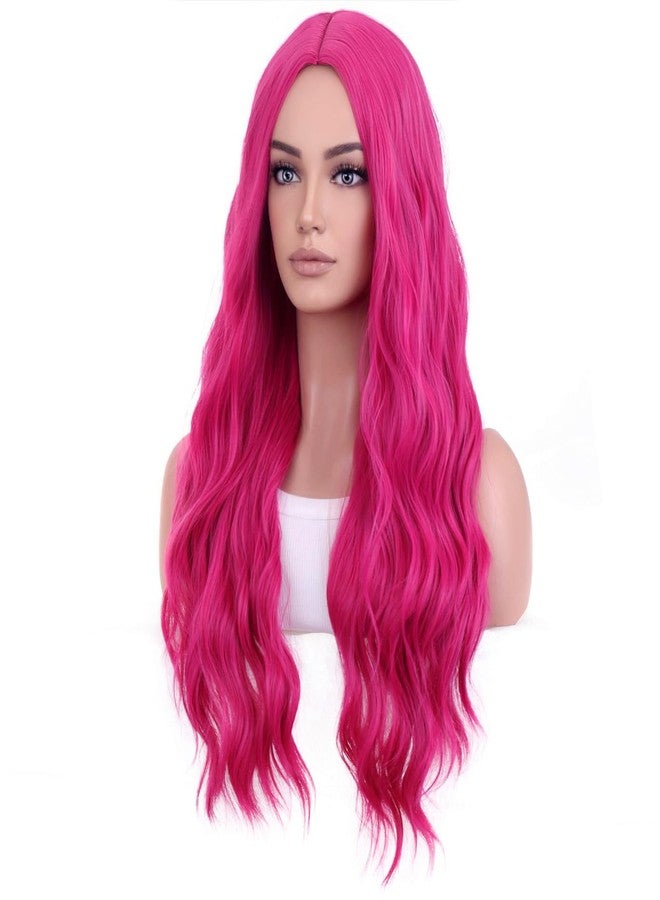 BERON Hot Pink Wigs Long Wavy Wig for Women Curly Heat Resistant Hair Wigs Halloween Cosplay Party with Wig Cap - Image 3