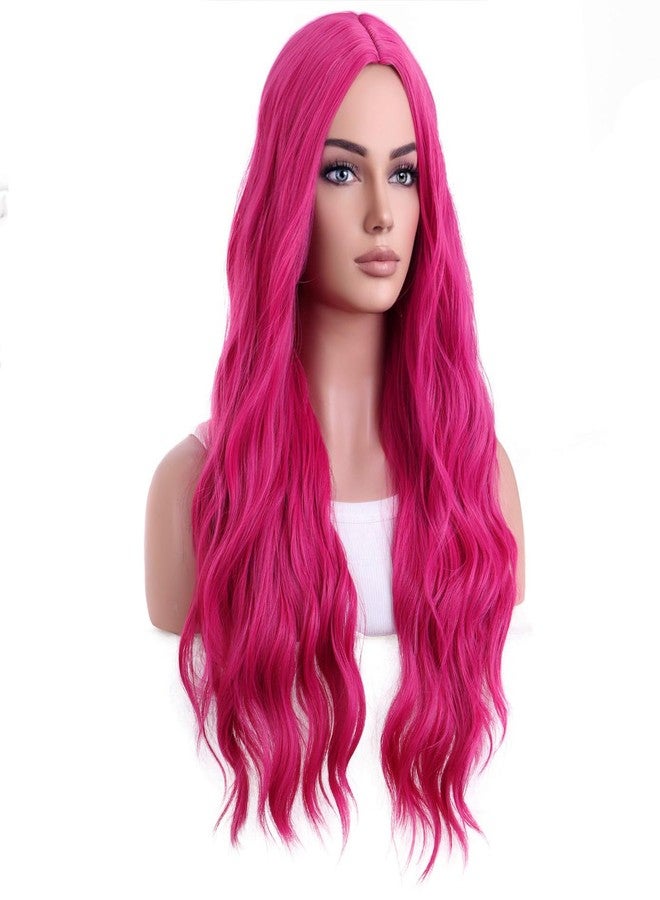 BERON Hot Pink Wigs Long Wavy Wig for Women Curly Heat Resistant Hair Wigs Halloween Cosplay Party with Wig Cap - Image 2