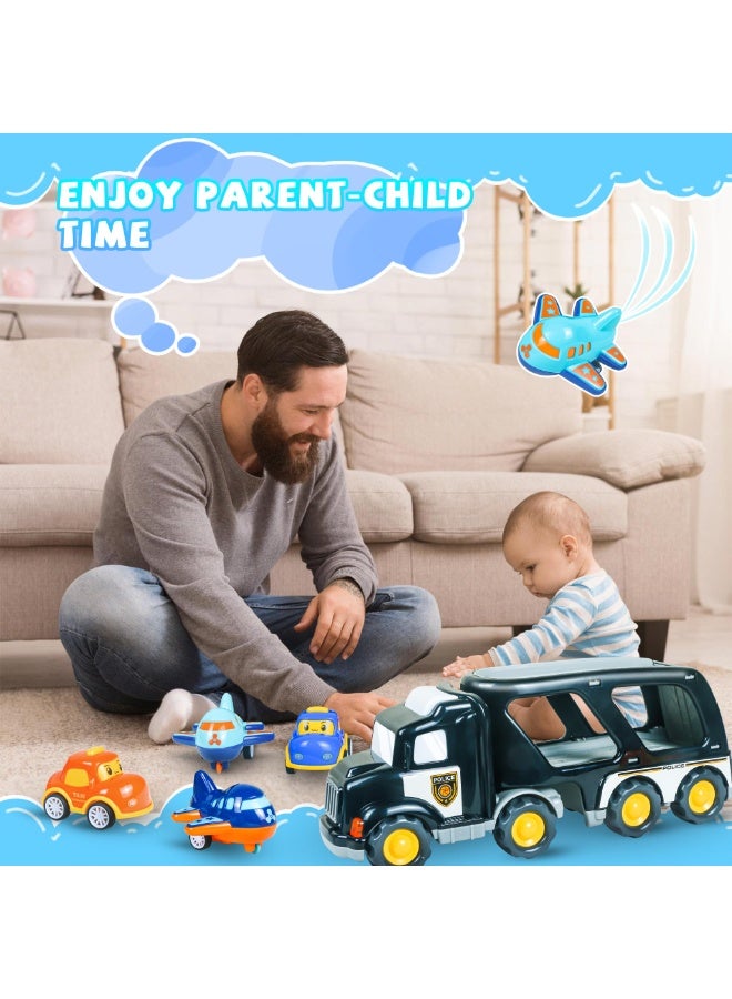 HALAMODO 【5-in-1 Double-Decker Police Transport Toy】Black Inertia Storage Truck Set | With Sound & Light + Carry Strap | Includes 1 Police Truck + 2 Taxis + 2 Airplanes | Early Learning Toy | Develops Hand-Eye Coordination + Fine Motor Skills | Portable Storage Design | Safe & Durable | Perfect Birthday & Christmas Gift - Image 5