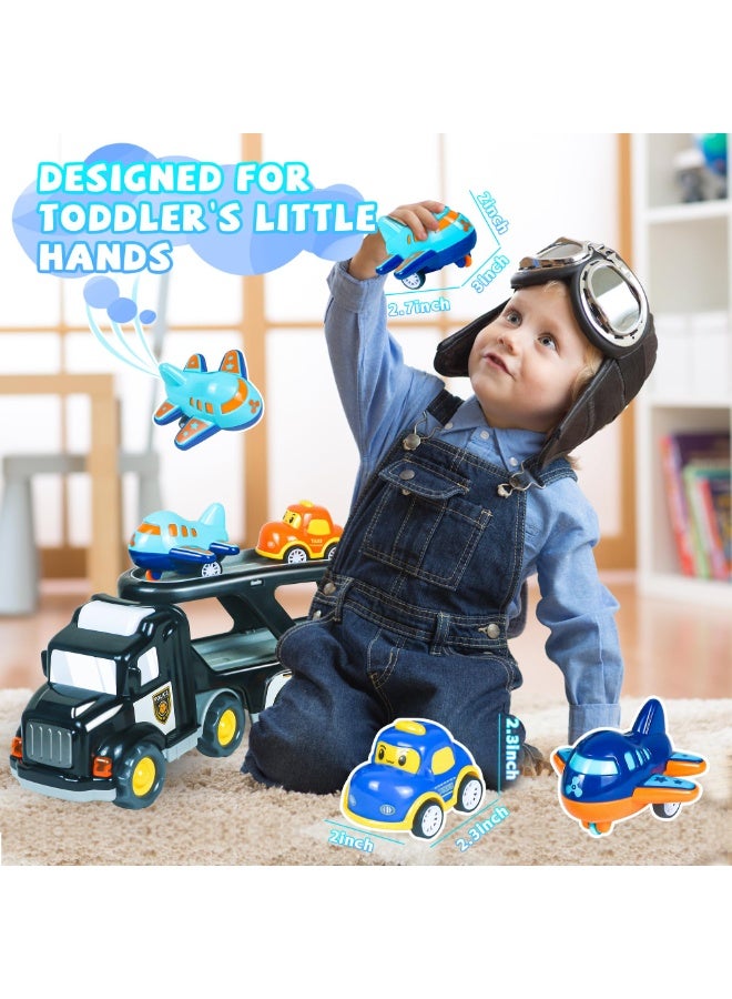 HALAMODO 【5-in-1 Double-Decker Police Transport Toy】Black Inertia Storage Truck Set | With Sound & Light + Carry Strap | Includes 1 Police Truck + 2 Taxis + 2 Airplanes | Early Learning Toy | Develops Hand-Eye Coordination + Fine Motor Skills | Portable Storage Design | Safe & Durable | Perfect Birthday & Christmas Gift - Image 2