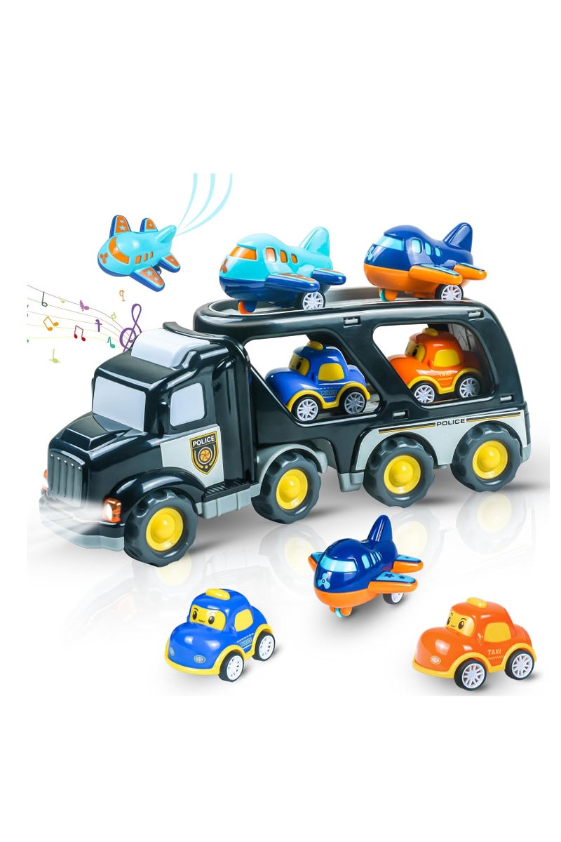 HALAMODO 【5-in-1 Double-Decker Police Transport Toy】Black Inertia Storage Truck Set | With Sound & Light + Carry Strap | Includes 1 Police Truck + 2 Taxis + 2 Airplanes | Early Learning Toy | Develops Hand-Eye Coordination + Fine Motor Skills | Portable Storage Design | Safe & Durable | Perfect Birthday & Christmas Gift - Image 1