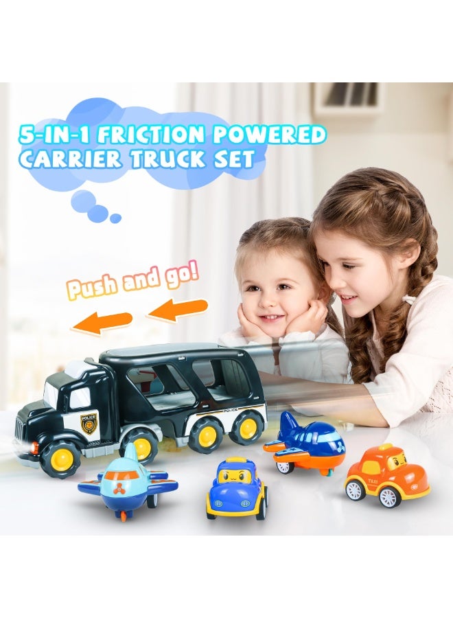 HALAMODO 【5-in-1 Double-Decker Police Transport Toy】Black Inertia Storage Truck Set | With Sound & Light + Carry Strap | Includes 1 Police Truck + 2 Taxis + 2 Airplanes | Early Learning Toy | Develops Hand-Eye Coordination + Fine Motor Skills | Portable Storage Design | Safe & Durable | Perfect Birthday & Christmas Gift - Image 3