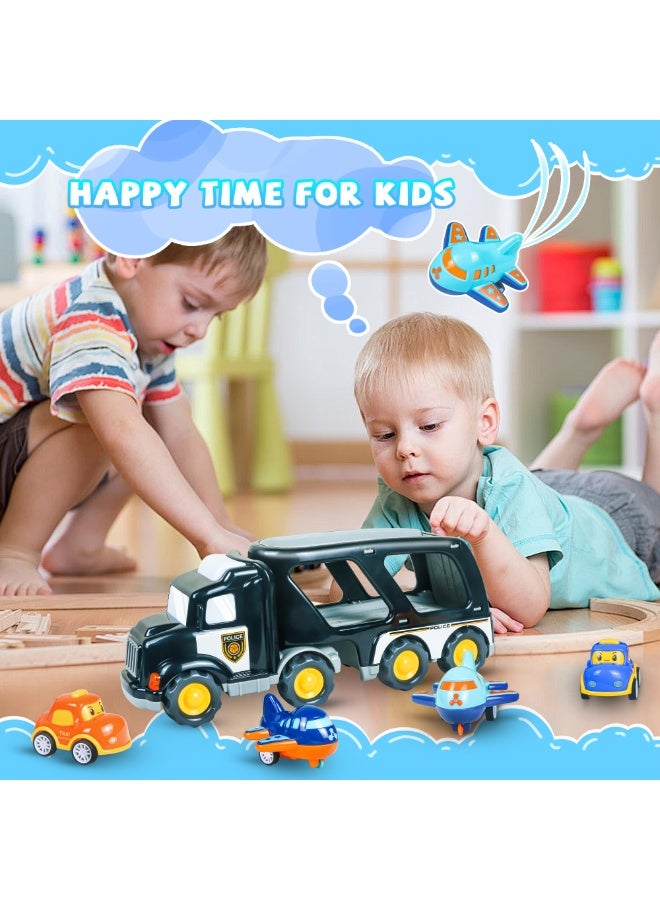 HALAMODO 【5-in-1 Double-Decker Police Transport Toy】Black Inertia Storage Truck Set | With Sound & Light + Carry Strap | Includes 1 Police Truck + 2 Taxis + 2 Airplanes | Early Learning Toy | Develops Hand-Eye Coordination + Fine Motor Skills | Portable Storage Design | Safe & Durable | Perfect Birthday & Christmas Gift - Image 4