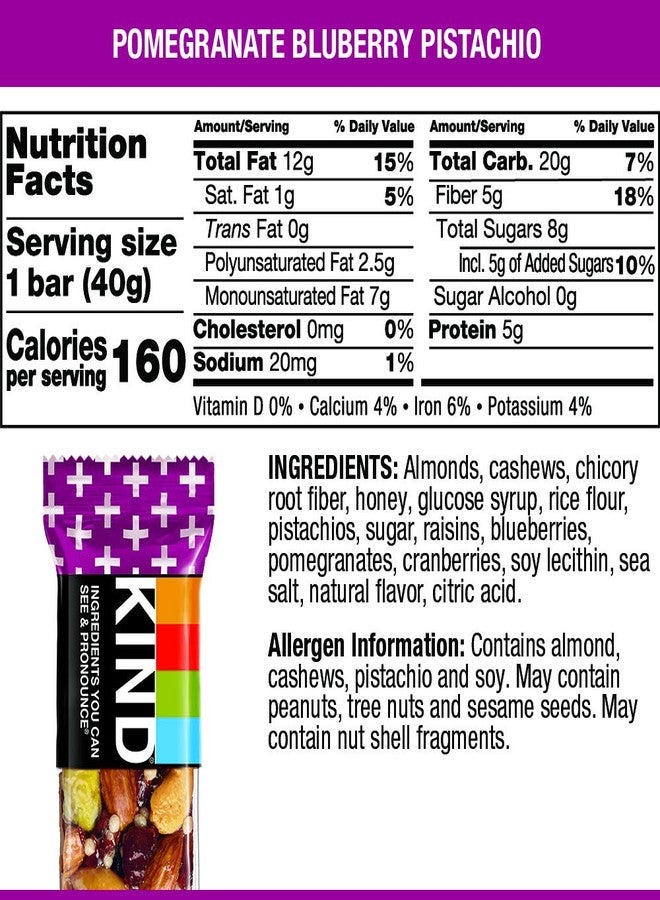KIND Bars, Pomegranate Blueberry Pistashio + Antioxidants, Gluten Free, Low Sugar, 1.4oz, 12 Count - Image 4