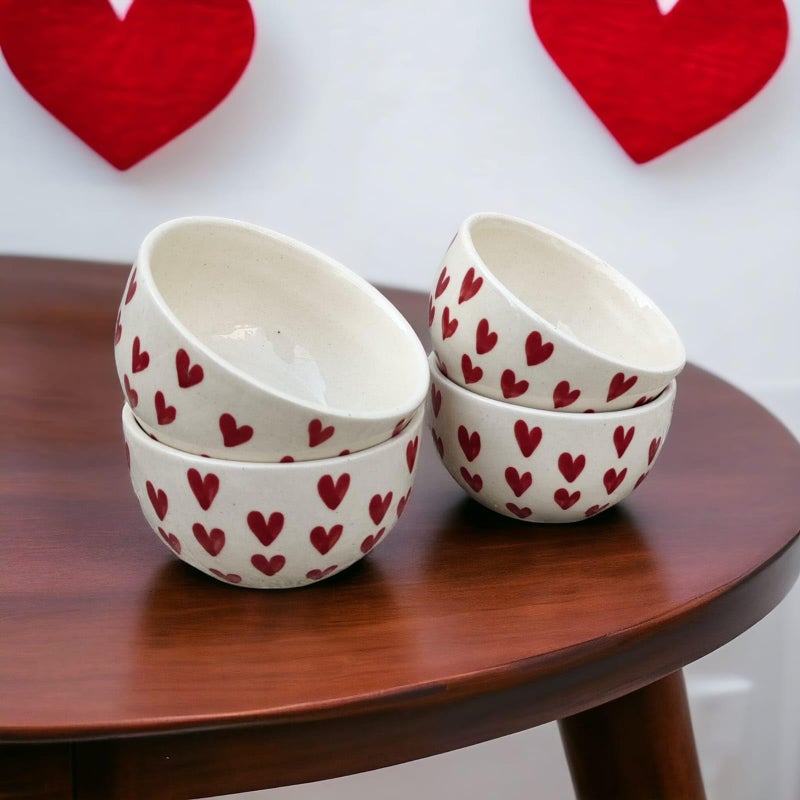 MALAIKAH Ceramic Red Heart Printed Snack Bowls for Serving Pasta, Noodle, Maggi, Salad Bowl, Mixing Bowl for Snacks, Ideal for Dinnig Table, Set of 4 (200ml) - Image 1
