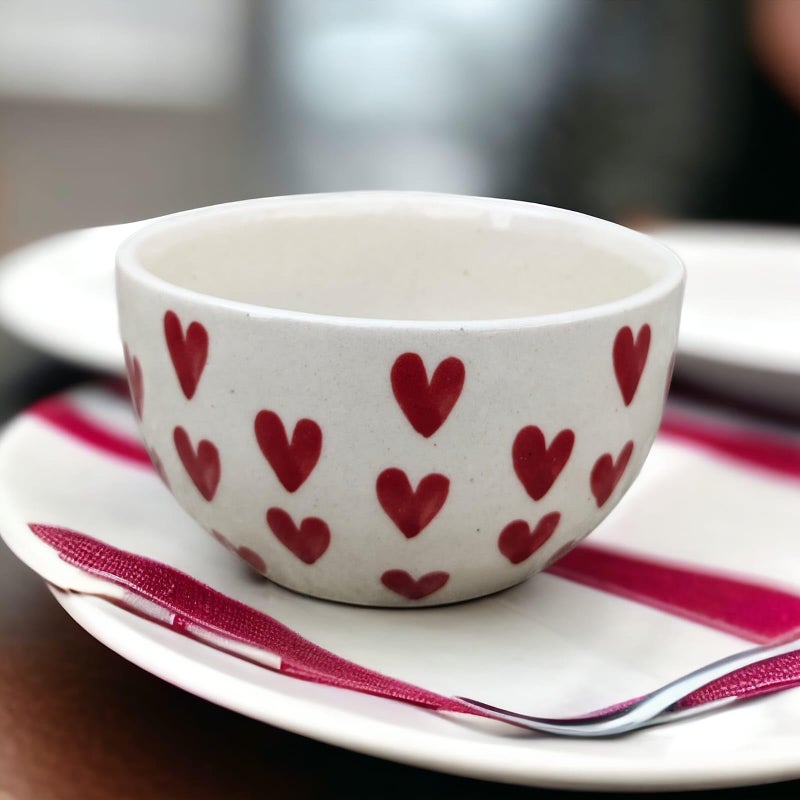 MALAIKAH Ceramic Red Heart Printed Snack Bowls for Serving Pasta, Noodle, Maggi, Salad Bowl, Mixing Bowl for Snacks, Ideal for Dinnig Table, Set of 4 (200ml) - Image 2