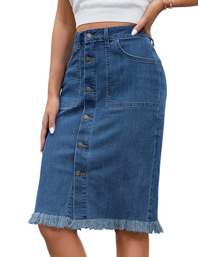 luvamia Women's Casual Denim Midi Skirt Mid Rise Button Down Stretchy Jean Skirt Denim Jean Blue Size Medium - Image 1