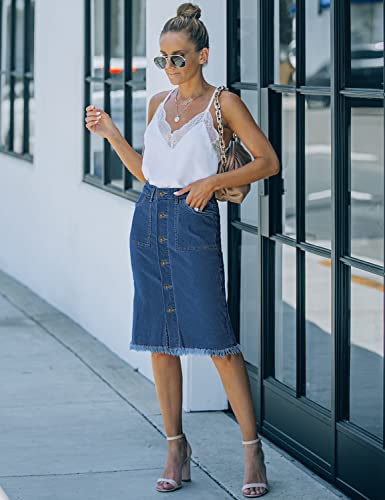 luvamia Women's Casual Denim Midi Skirt Mid Rise Button Down Stretchy Jean Skirt Denim Jean Blue Size Medium - Image 5
