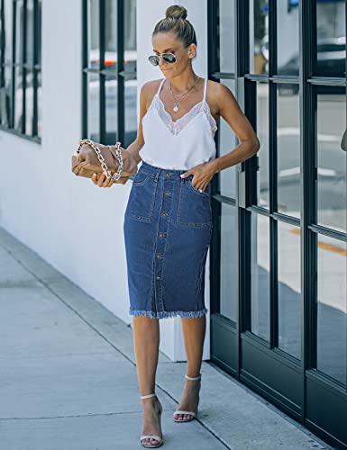 luvamia Women's Casual Denim Midi Skirt Mid Rise Button Down Stretchy Jean Skirt Denim Jean Blue Size Medium - Image 4