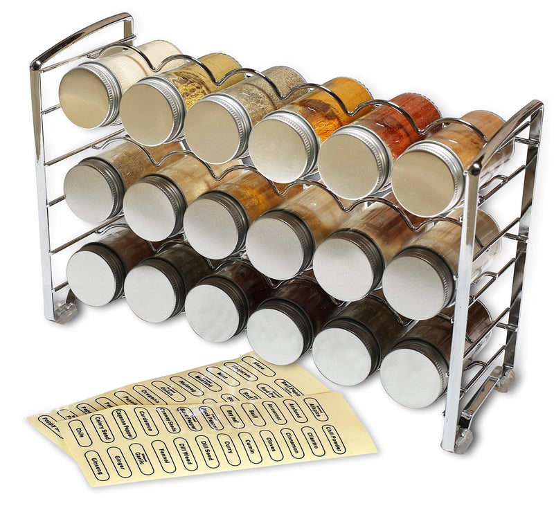 Deco Brothers Spice Rack Stand holder with 18 Bottles and 48 Labels, Chrome - Image 2