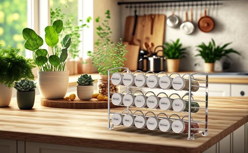 Deco Brothers Spice Rack Stand holder with 18 Bottles and 48 Labels, Chrome - Image 4