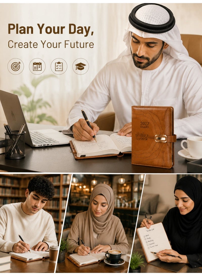 مفكرة يومية لعام 2027 بحجم A5 بغلاف مقوى متين، 400 صفحة، غلاف جلدي فاخر - Image 3