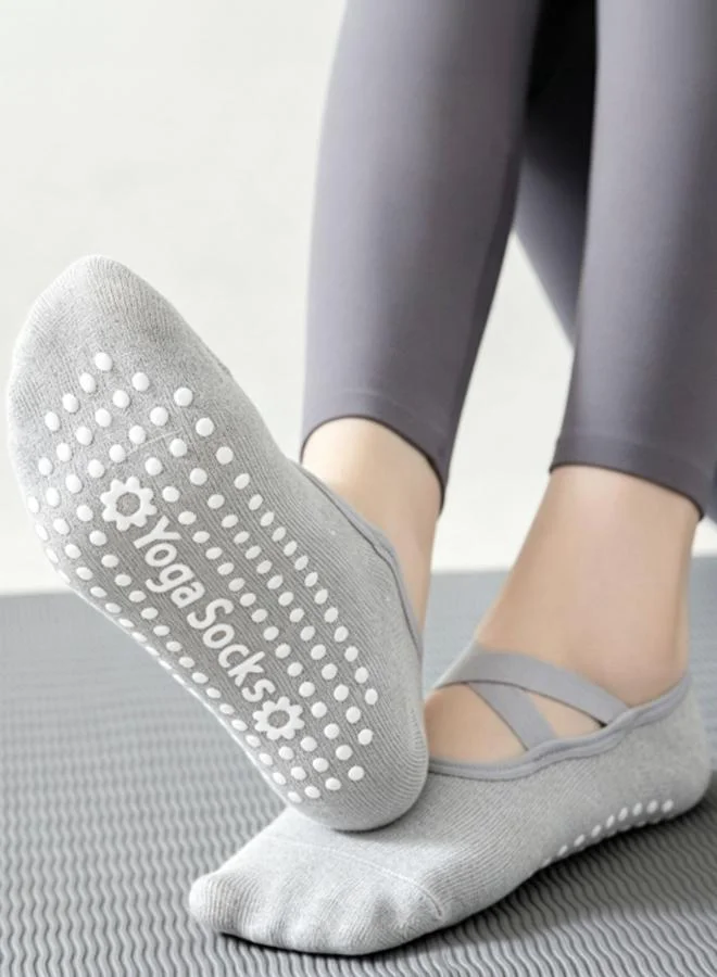 Grey Solid Cross Over Straps Silicon Pad Yoga Socks
