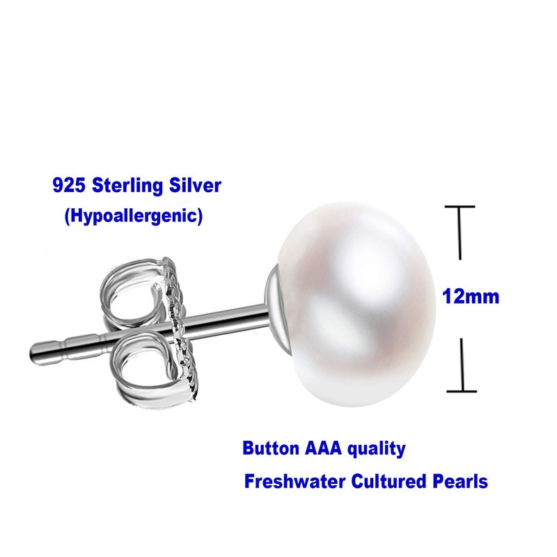 JORA Oversized Sterling Silver Large 12mm White Freshwater Cultured Pearl Stud Earrings for Women - Image 5