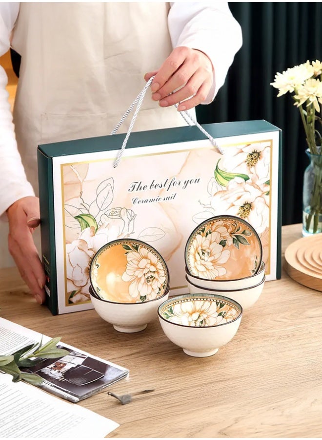 Crazy Boss 6PCS Ceramic Bowl Set with Chopsticks Floral Design Gift Box Dinnerware Set for Rice, Soup and Noodles - Image 4