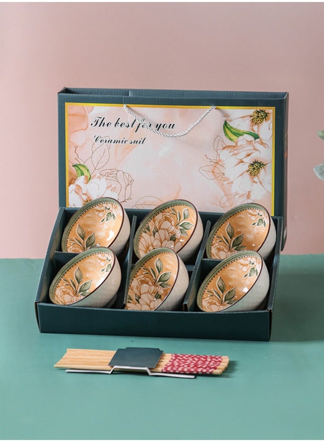Crazy Boss 6PCS Ceramic Bowl Set with Chopsticks Floral Design Gift Box Dinnerware Set for Rice, Soup and Noodles - Image 2