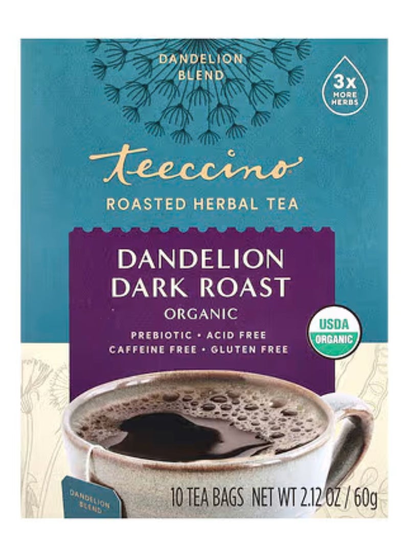 Teeccino, Organic Roasted Herbal Tea, Dandelion, Dark Roast, Caffeine Free, 10 Tea Bags, 2.12 oz (60 g) - Image 1