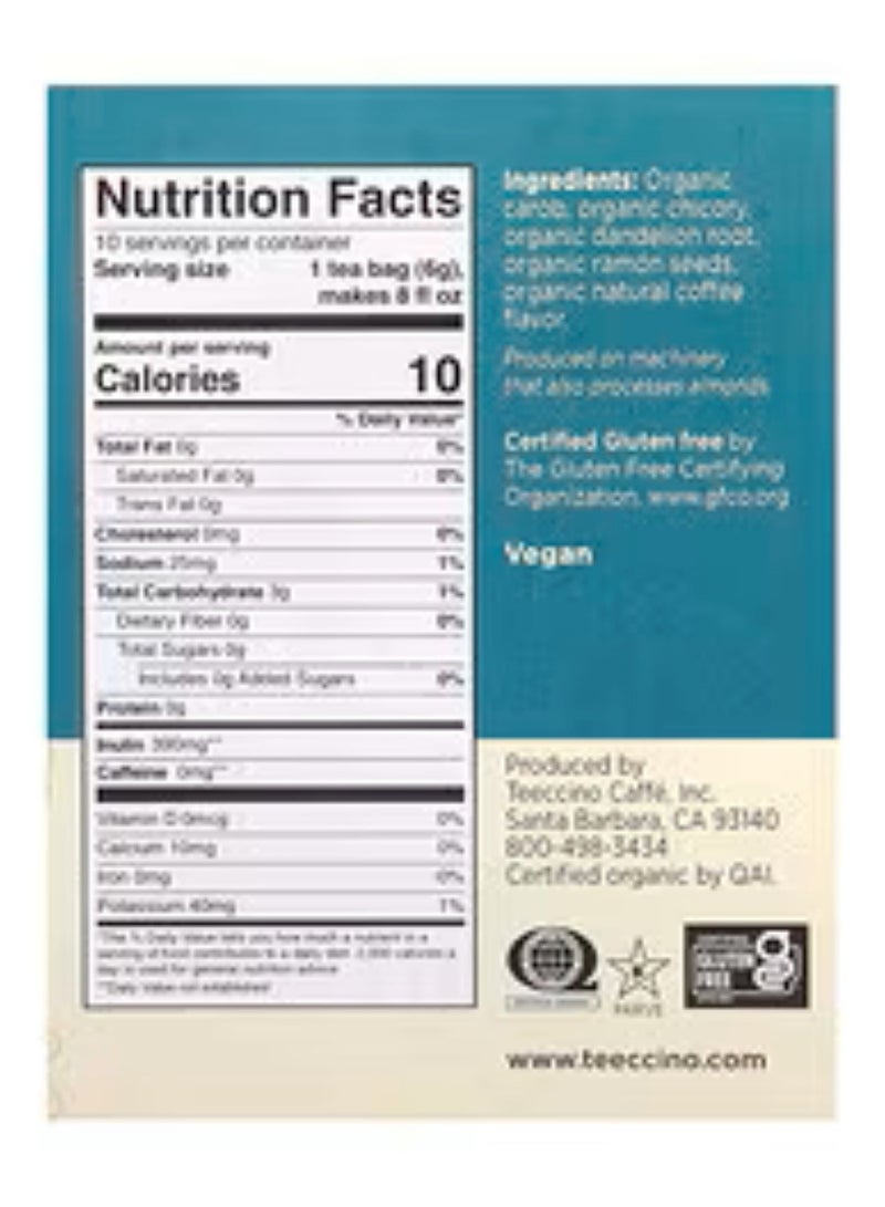 Teeccino, Organic Roasted Herbal Tea, Dandelion, Dark Roast, Caffeine Free, 10 Tea Bags, 2.12 oz (60 g) - Image 2