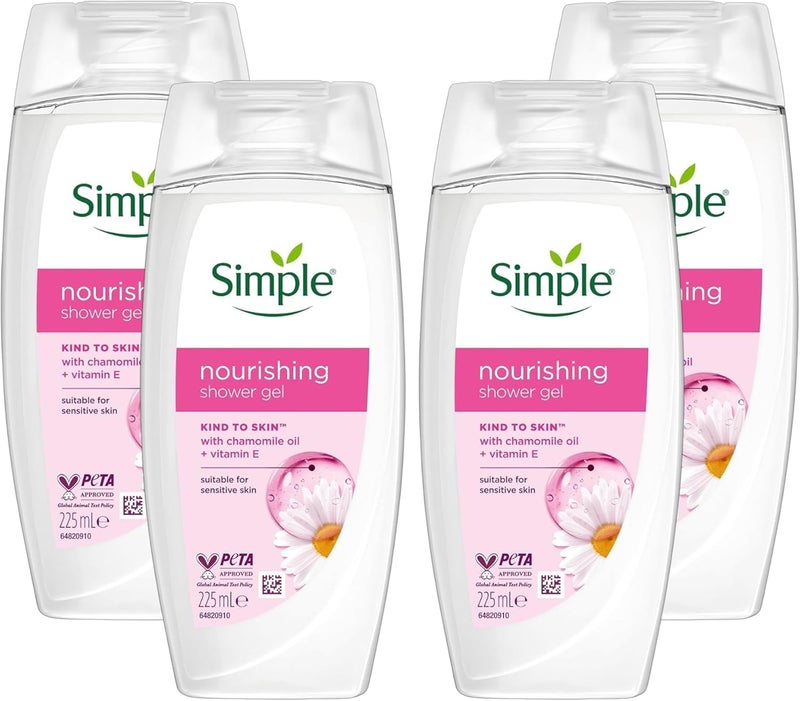 4 x 224ml Simple Nourishing Shower Gel with Chamomile Oil and Vitamin E Suitable for Sensitive Skin Multipack