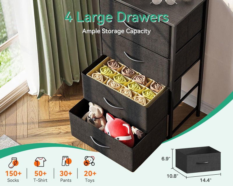 AODK Dresser for Bedroom with 4 Storage Drawers, Small Dressers Chest of Drawers Fabric Dresser with Sturdy Steel Frame, Black - Image 4