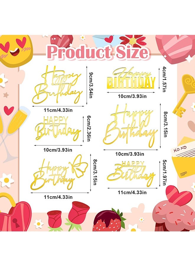 Wffo 6 Pcs Cake Toppers Happy Birthday Acrylic Cake Topper Happy Birthday Cake Sign Picks Happy Birthday Cake Decorations Cake Stick Decor for Celebrating Birthday Anniversary Party (Golden) - Image 2