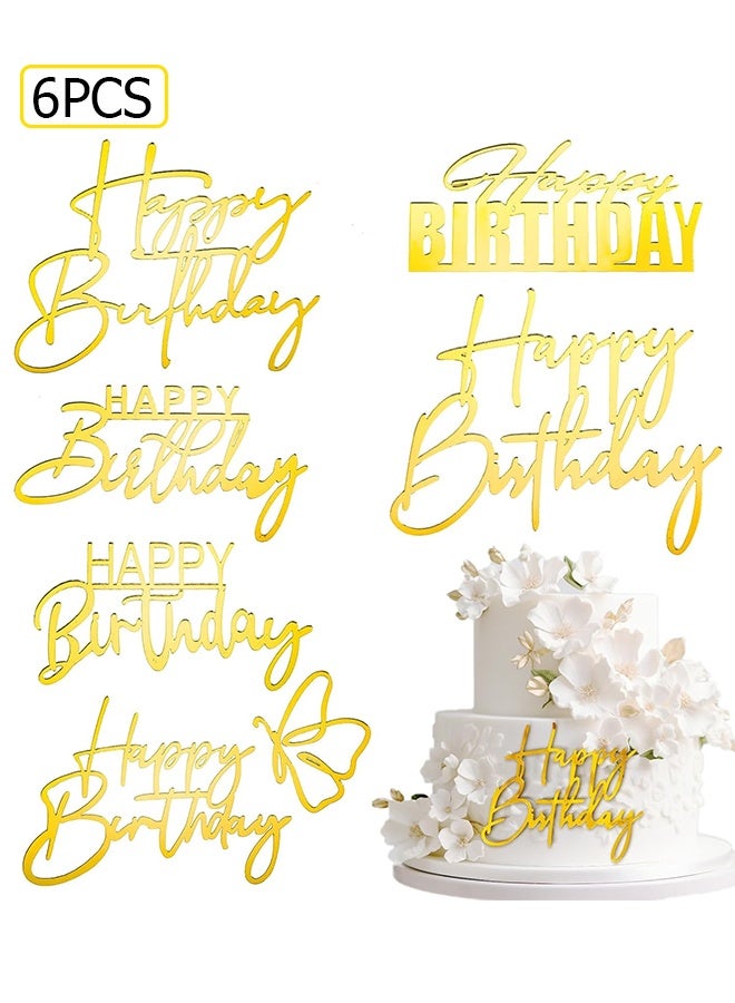 Wffo 6 Pcs Cake Toppers Happy Birthday Acrylic Cake Topper Happy Birthday Cake Sign Picks Happy Birthday Cake Decorations Cake Stick Decor for Celebrating Birthday Anniversary Party (Golden) - Image 1