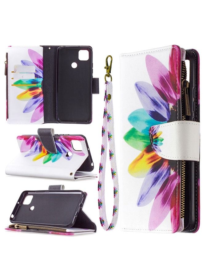 HuHa Case Cover For Xiaomi Redmi 9C Colored Drawing Pattern Zipper Horizontal Flip Leather Case with Holder & Card Slots & Wallet Sun Flower 