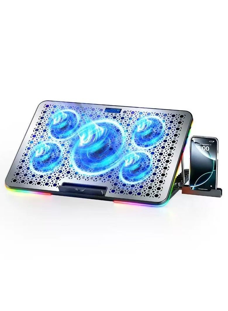 Laptop Cooling Pad, Laptop Cooler with 5 Quiet Fans for 15.6-17 Inch Gaming Fan Stable Stand, 7 Height Adjust, RGB Light 10 Modes, Switch Control Fan Speed, 2 USB Port & Phone Holder  - Image 1