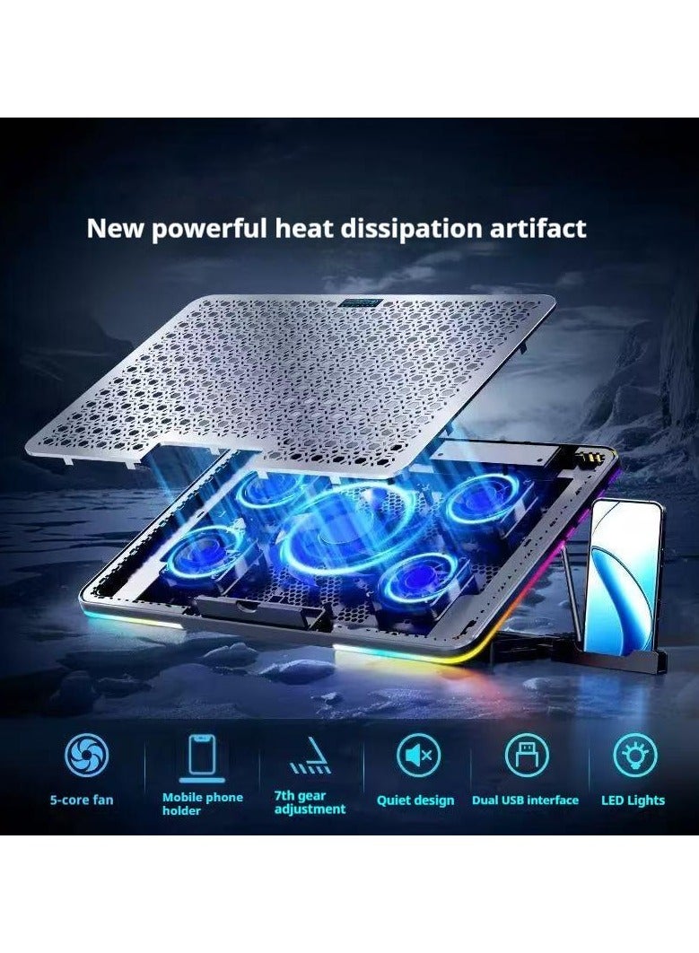 Laptop Cooling Pad, Laptop Cooler with 5 Quiet Fans for 15.6-17 Inch Gaming Fan Stable Stand, 7 Height Adjust, RGB Light 10 Modes, Switch Control Fan Speed, 2 USB Port & Phone Holder  - Image 2