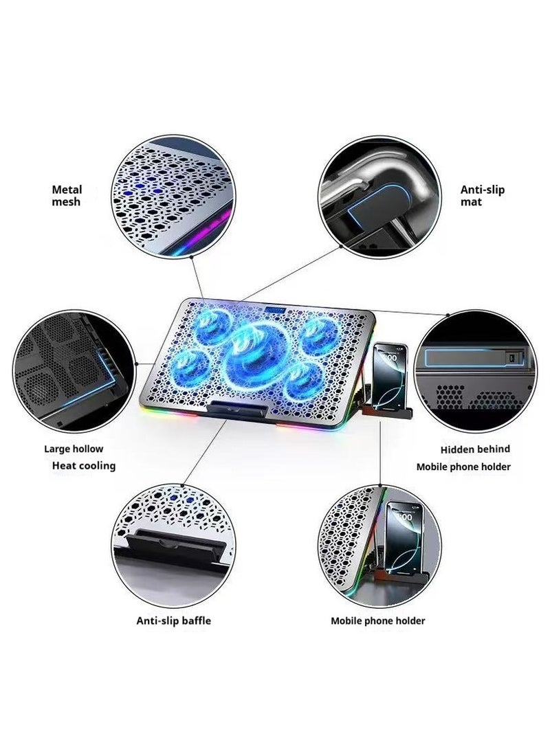 Laptop Cooling Pad, Laptop Cooler with 5 Quiet Fans for 15.6-17 Inch Gaming Fan Stable Stand, 7 Height Adjust, RGB Light 10 Modes, Switch Control Fan Speed, 2 USB Port & Phone Holder  - Image 3