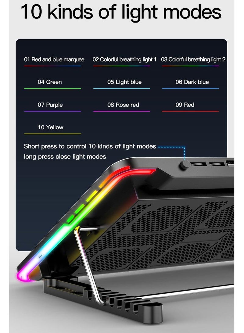 Laptop Cooling Pad, Laptop Cooler with 5 Quiet Fans for 15.6-17 Inch Gaming Fan Stable Stand, 7 Height Adjust, RGB Light 10 Modes, Switch Control Fan Speed, 2 USB Port & Phone Holder  - Image 4