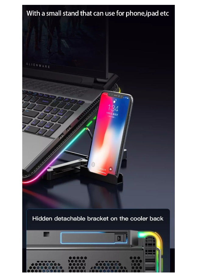 Laptop Cooling Pad, Laptop Cooler with 5 Quiet Fans for 15.6-17 Inch Gaming Fan Stable Stand, 7 Height Adjust, RGB Light 10 Modes, Switch Control Fan Speed, 2 USB Port & Phone Holder  - Image 5