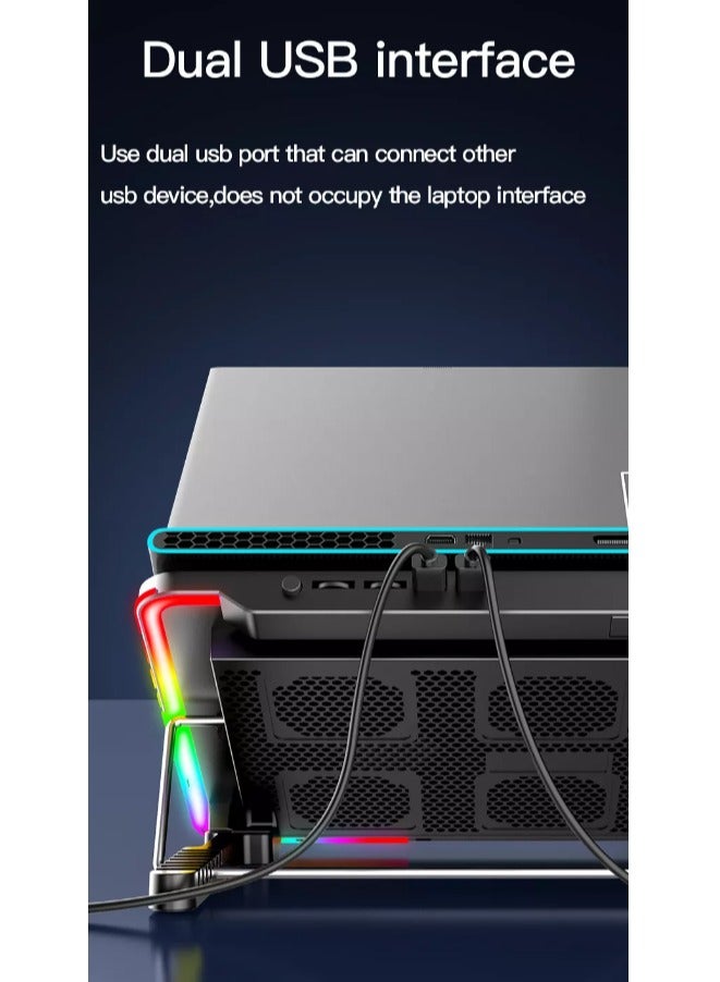 Laptop Cooling Pad, Laptop Cooler with 5 Quiet Fans for 15.6-17 Inch Gaming Fan Stable Stand, 7 Height Adjust, RGB Light 10 Modes, Switch Control Fan Speed, 2 USB Port & Phone Holder