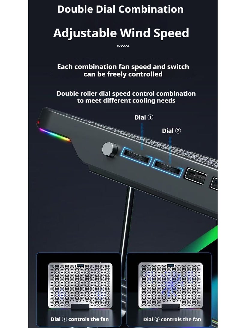 Laptop Cooling Pad, Laptop Cooler with 5 Quiet Fans for 15.6-17 Inch Gaming Fan Stable Stand, 7 Height Adjust, RGB Light 10 Modes, Switch Control Fan Speed, 2 USB Port & Phone Holder