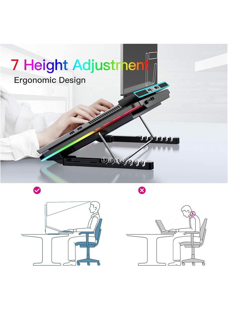 Laptop Cooling Pad, Laptop Cooler with 5 Quiet Fans for 15.6-17 Inch Gaming Fan Stable Stand, 7 Height Adjust, RGB Light 10 Modes, Switch Control Fan Speed, 2 USB Port & Phone Holder