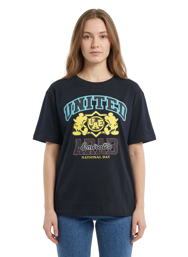 Disney Mickey Mouse UAE National Day Graphic Women’s Drop Shoulder T-Shirt | Casual Relaxed Fit Cotton Crew Neck Tee